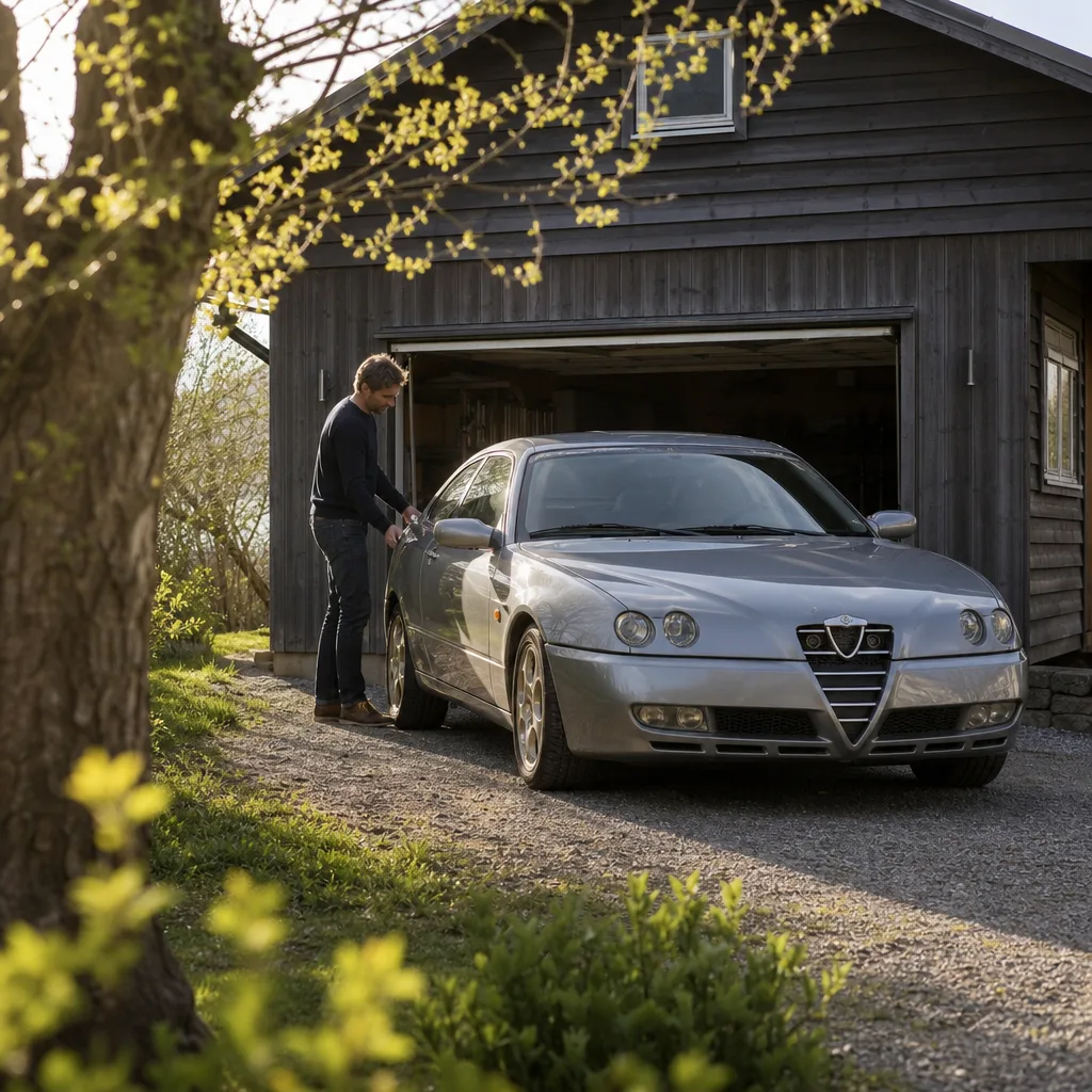 Alfa Romeo parkerad i svensk stadsmiljö