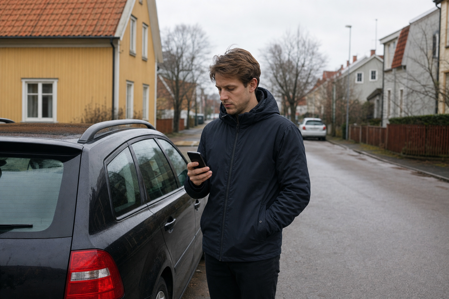 Person som kollar bilförsäkring på mobiltelefon