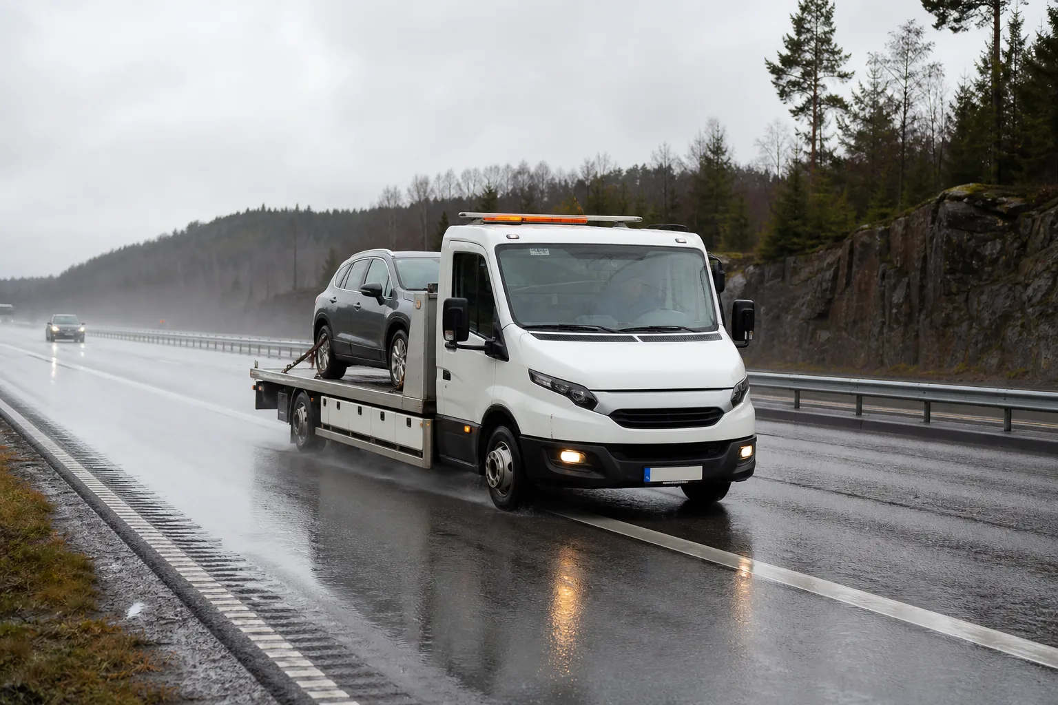 Bärgningsbil lyfter en havererad bil längs en motorväg