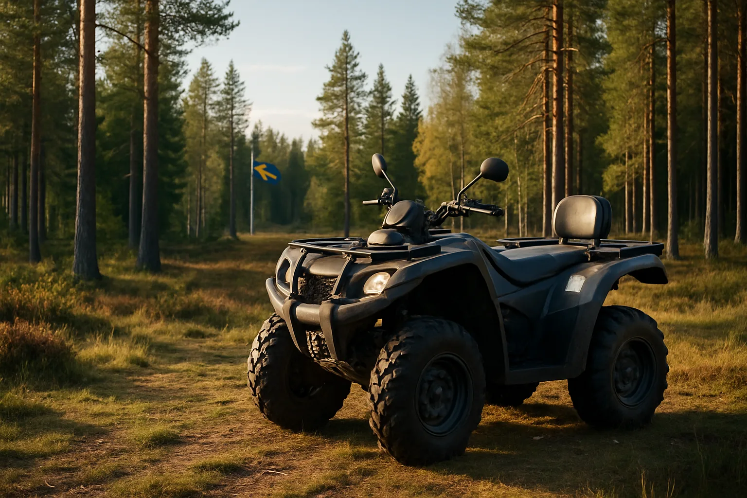 ATV-fyrhjuling parkerad i svensk skogsglänta