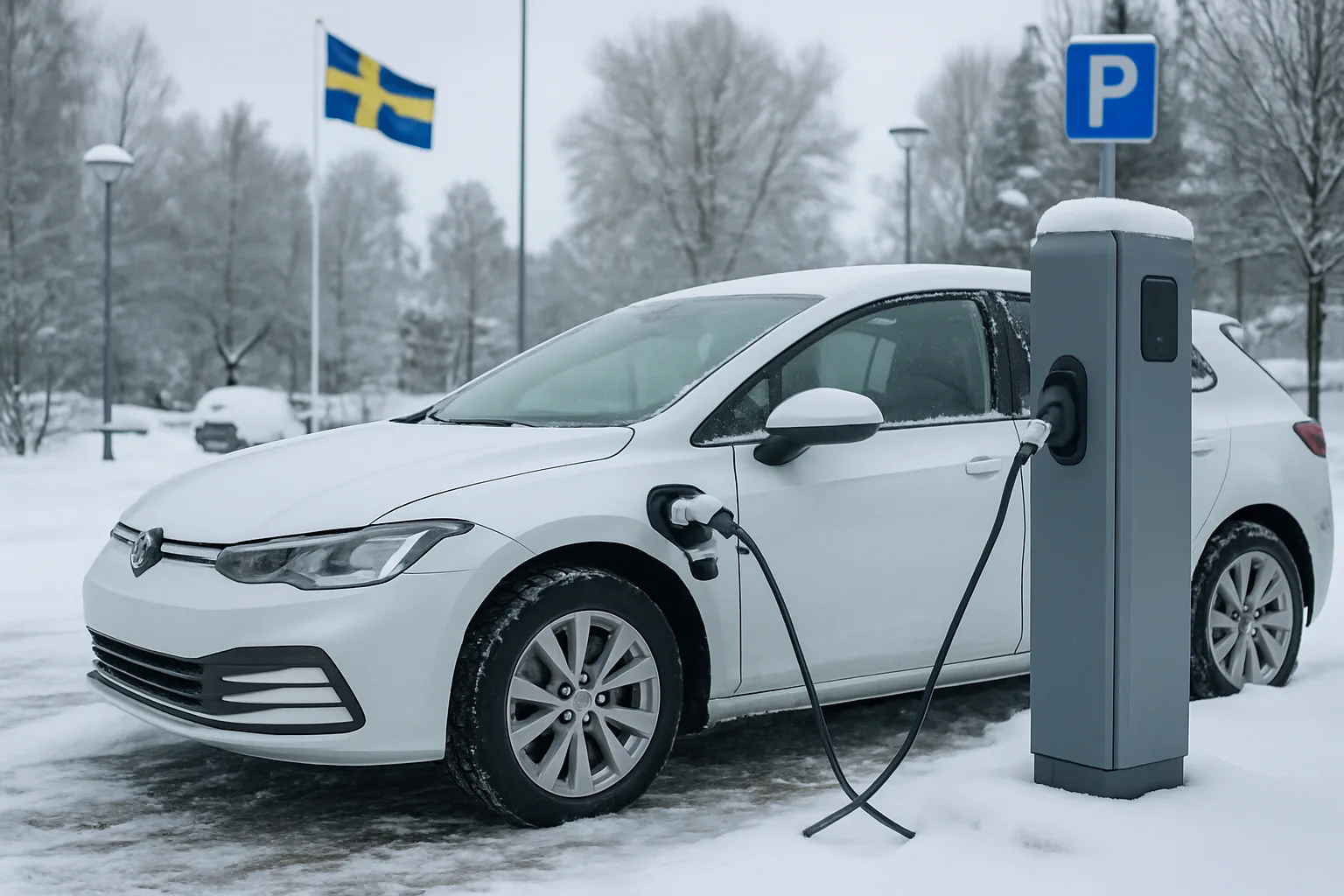 Elbil som laddas vid en laddstation utomhus