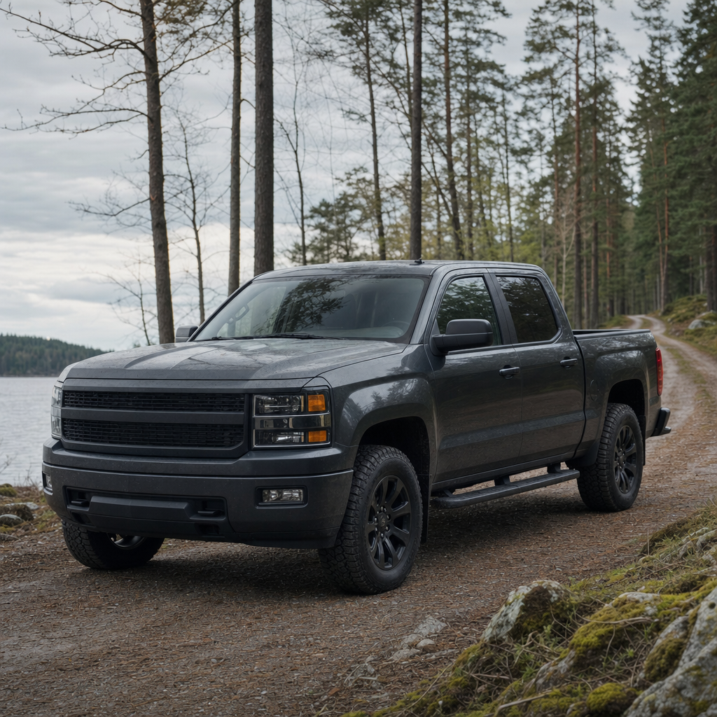 Mörkgrå pickup parkerad vid svensk skogsväg