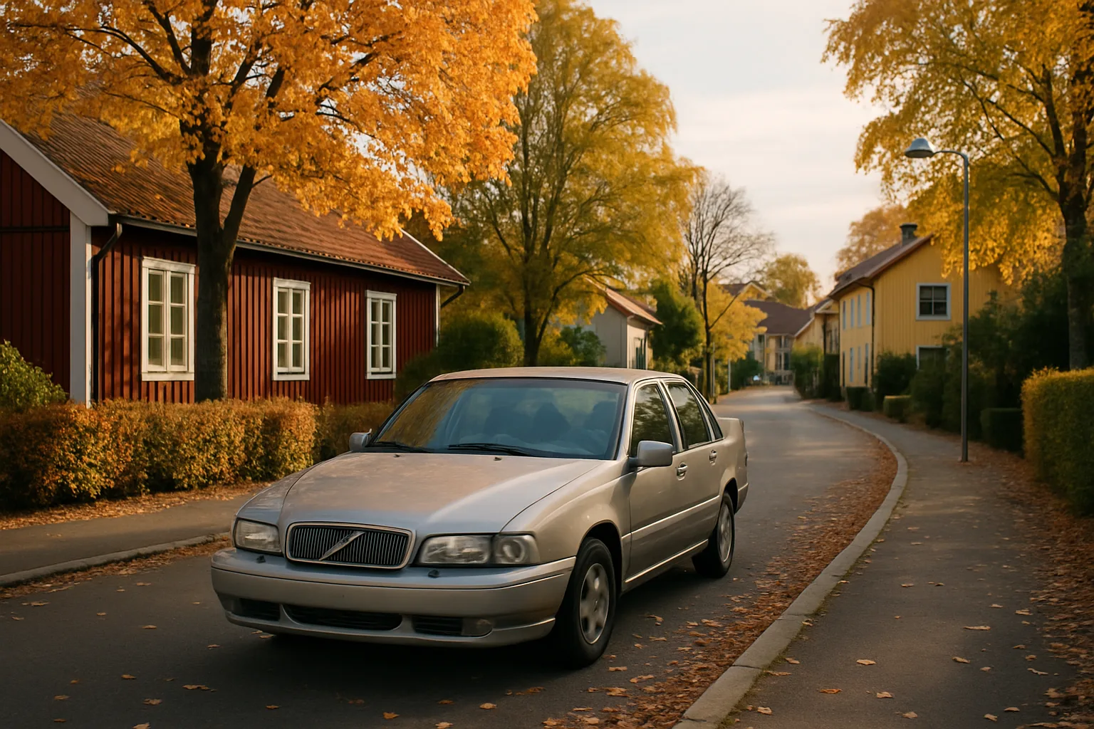 Parkerad bil på lugn svensk gata om hösten