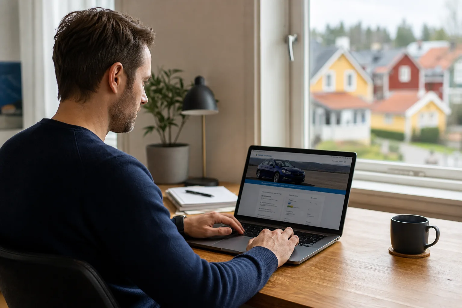 Person som kontrollerar bilförsäkring via datorn