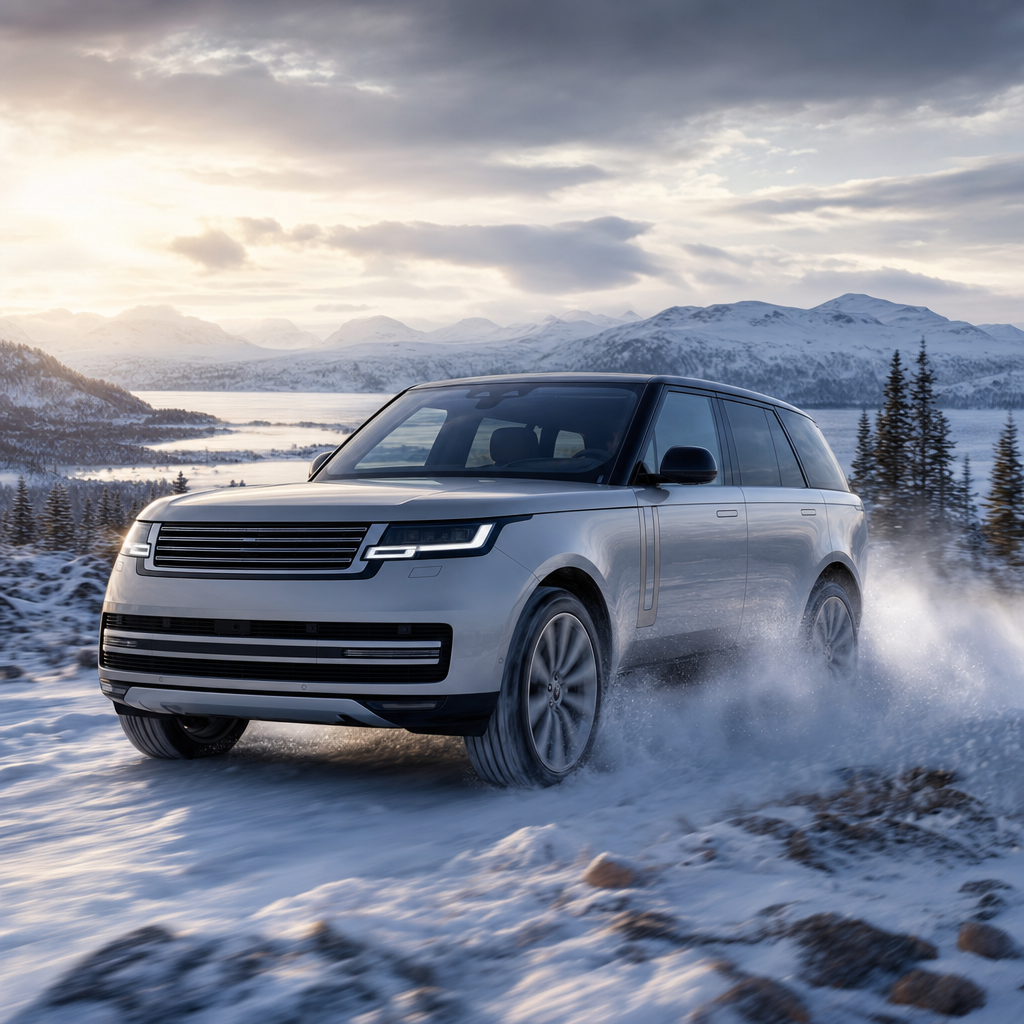 Stor silvergrå premium-SUV som kör genom snöigt svenskt landskap
