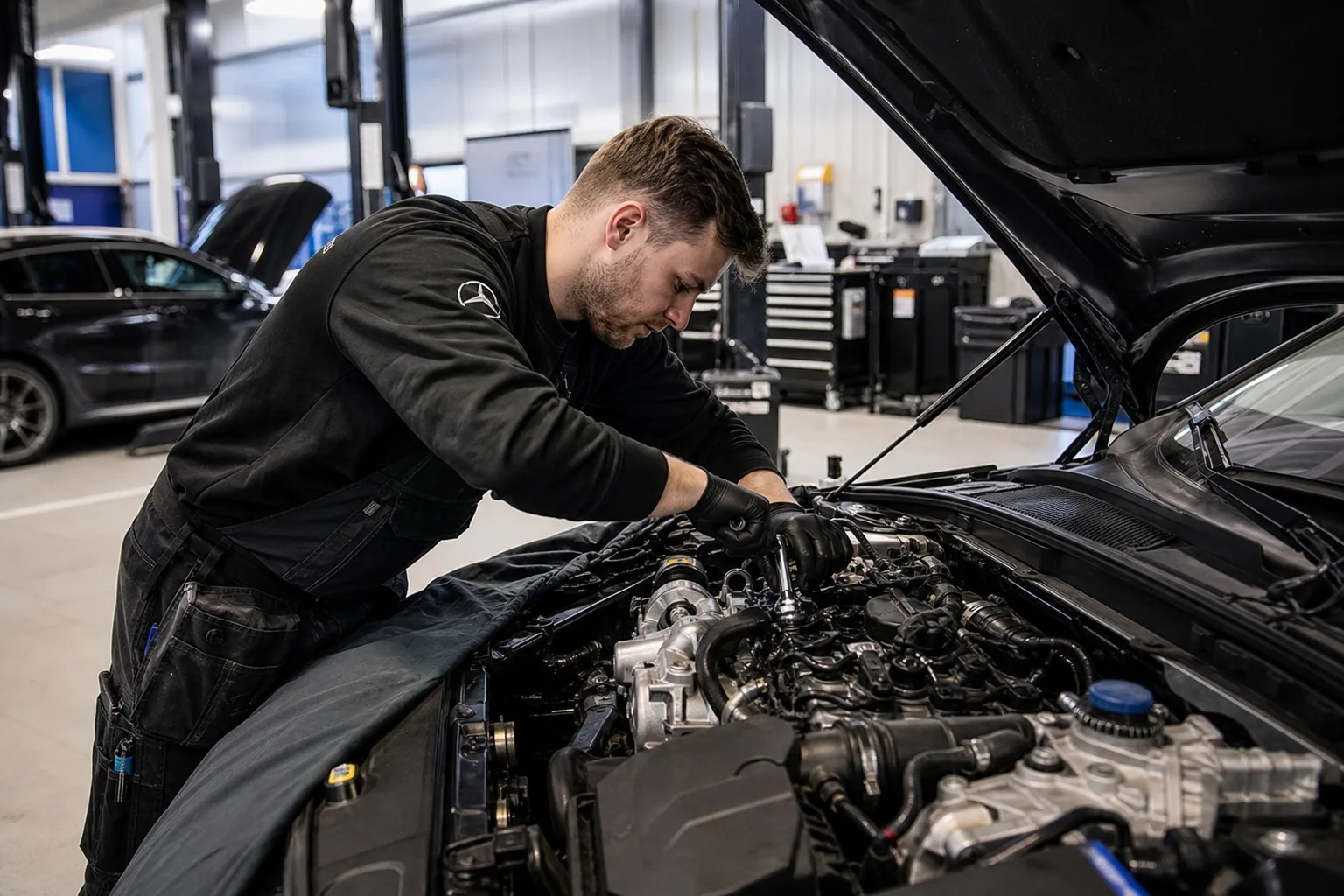 Auktoriserad märkesverkstad med bil under reparation