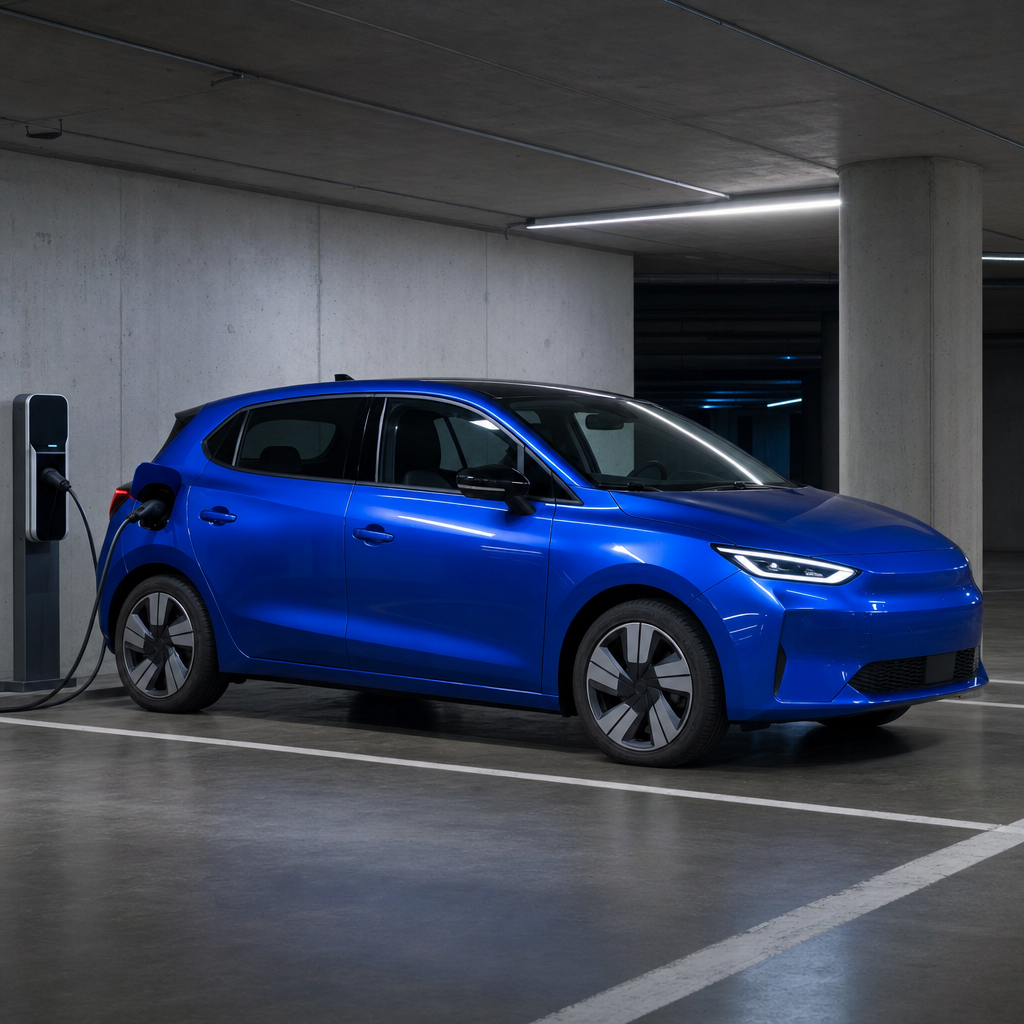 Japansk elbil i klarblå i skandinaviskt parkeringshus med laddstation