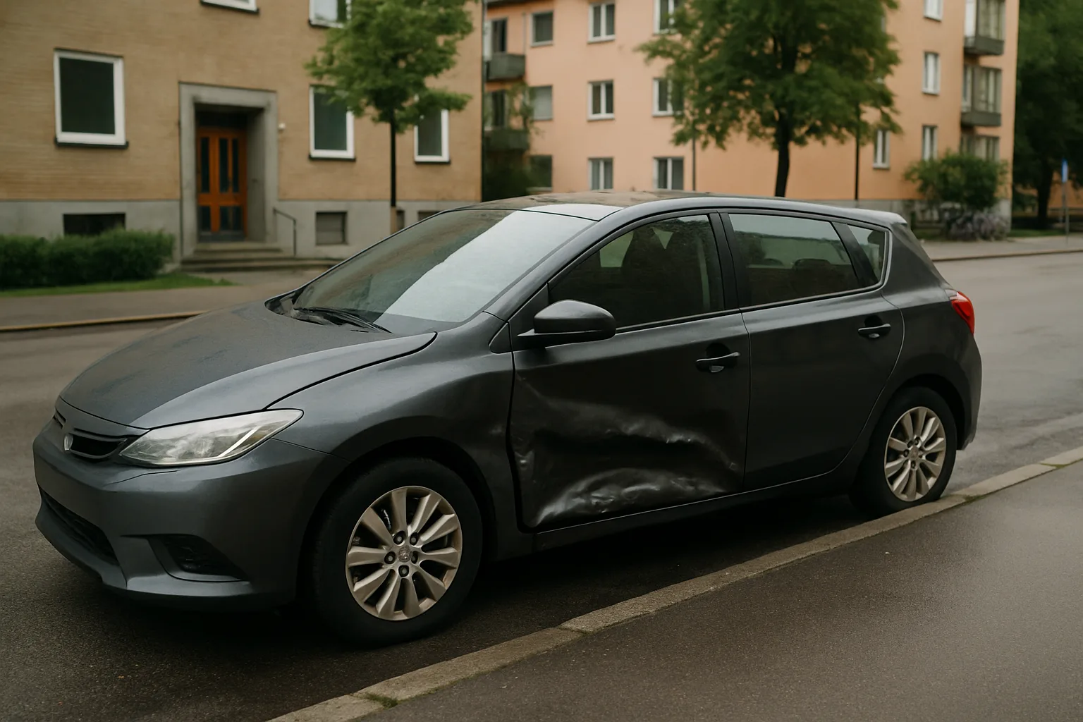 Buckla på bilens sida efter parkeringsskada av okänd förare