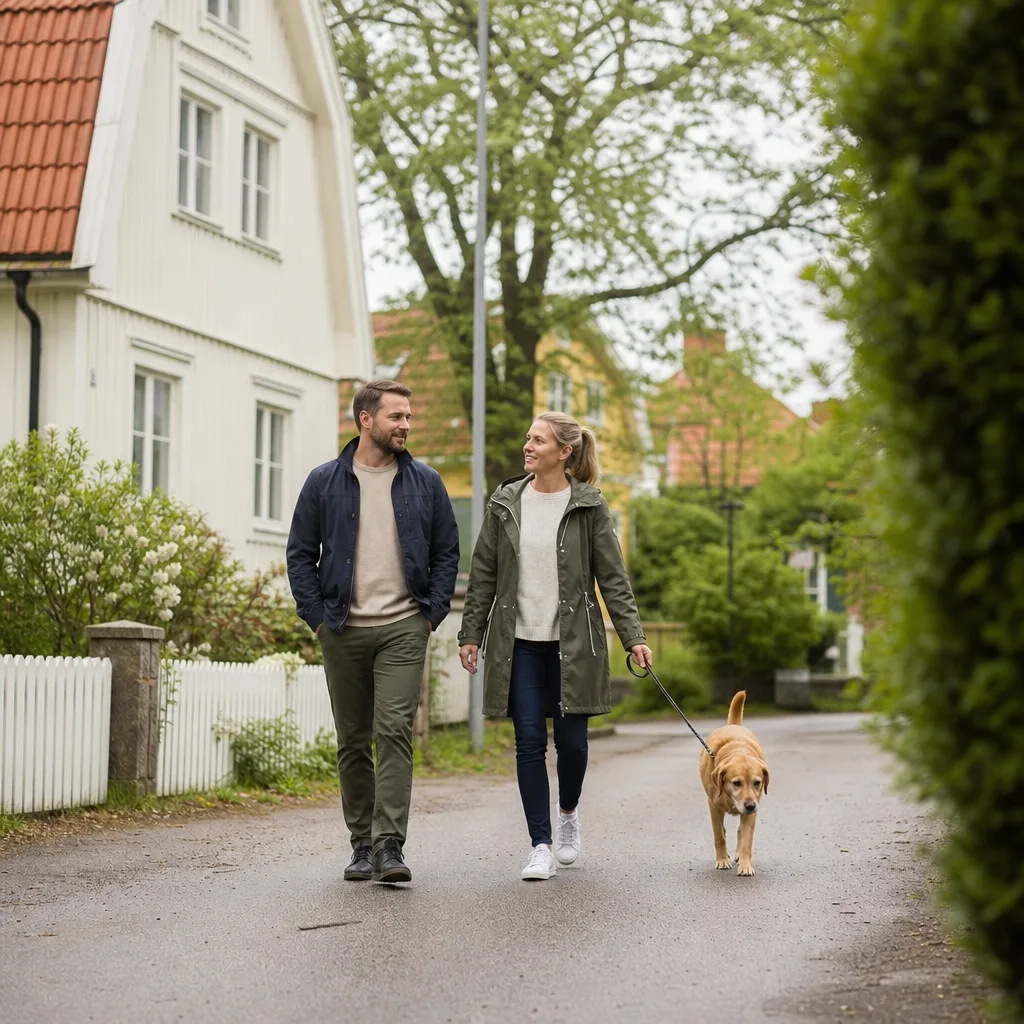 Kompakt sportig SUV i karmosinrött i skandinavisk stadsmiljö