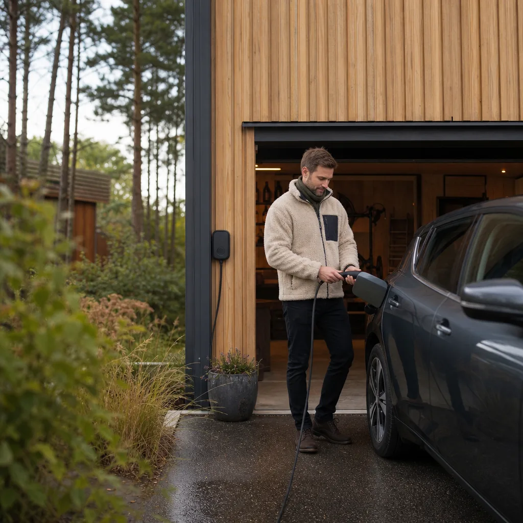 Praktisk familjebil i metallicgrön på svensk landsväg i höstljus