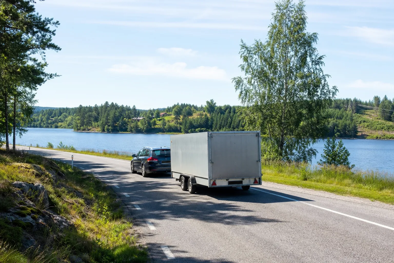 Bil med tillkopplad släpvagn på svensk landsväg