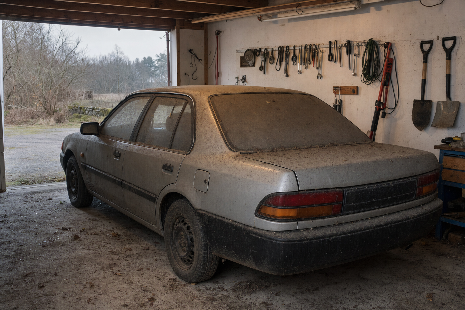 Bil parkerad i garage under avställning
