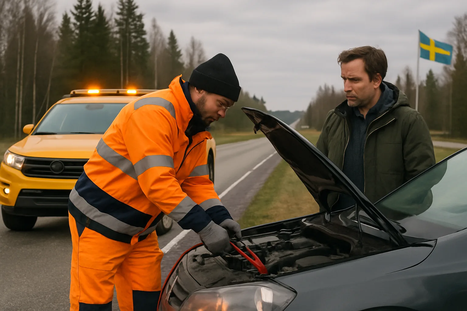Bärgningsbil hjälper bil vid vägkanten