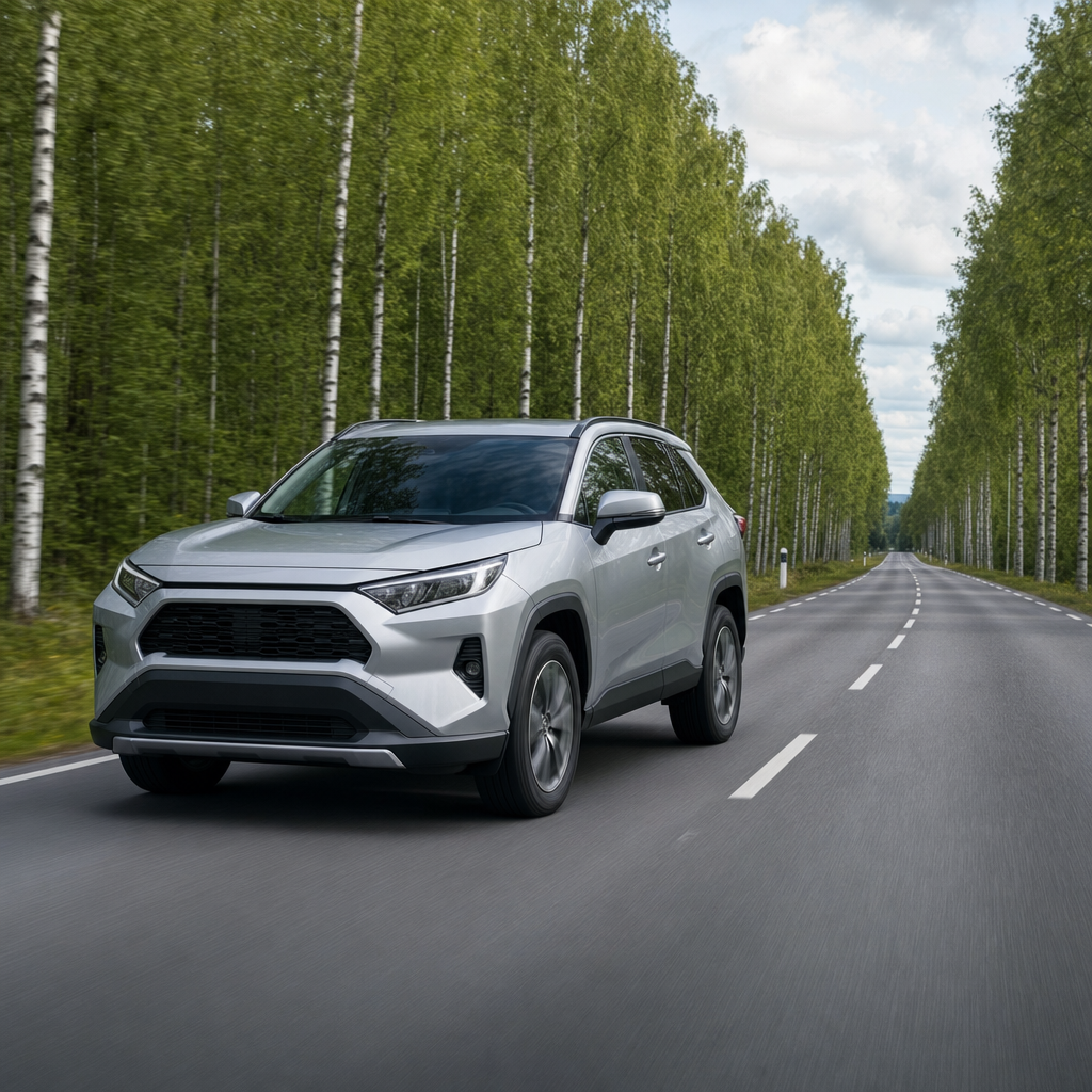 Japansk hybrid-SUV i silver på rak svensk landsväg kantad av björkskog